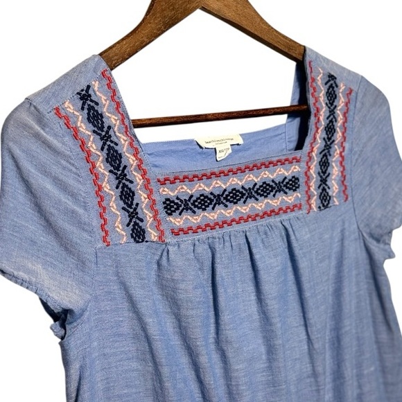 Beach Lunch Lounge Womens Chambray Shift Dress XS Embroidery Lined‎ Boho Teacher - Picture 2 of 5